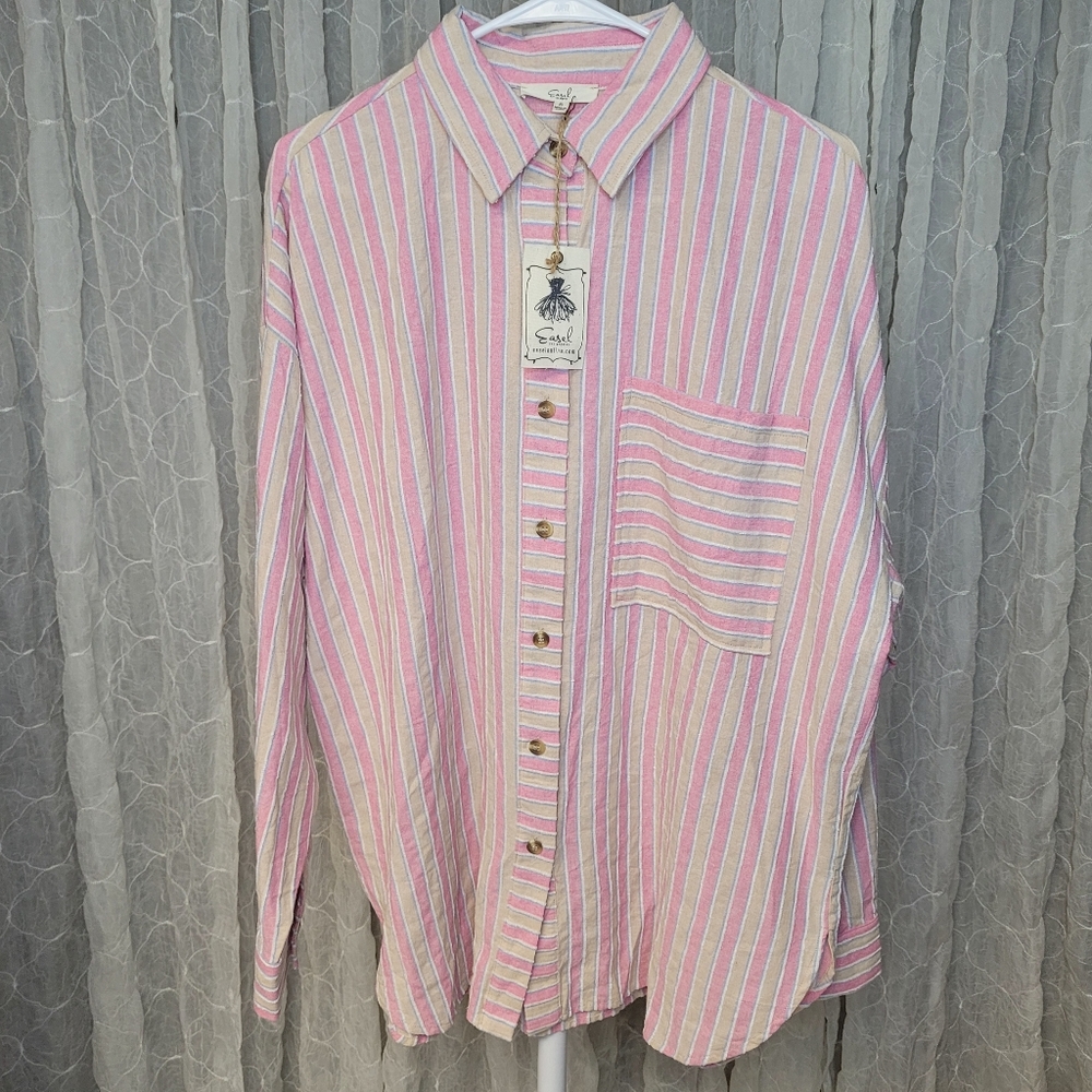 Easel Oversized Pink Blue Striped Textured Long Sleeve Button Up Top Shacket - Picture 5 of 9